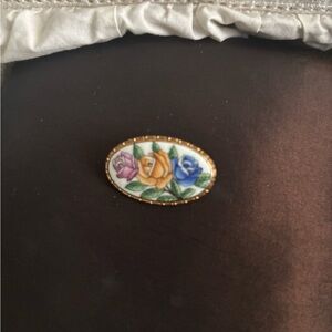 Floral Oval Brooch with Gold Trim